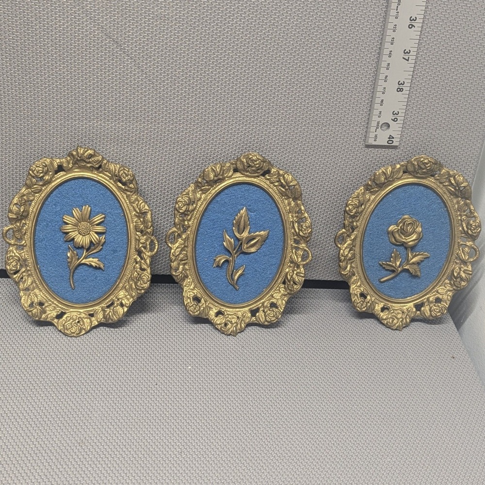 VTG Burwood Products Gold Floral Wall Plaques Blue Felt Set Hollywood Reg